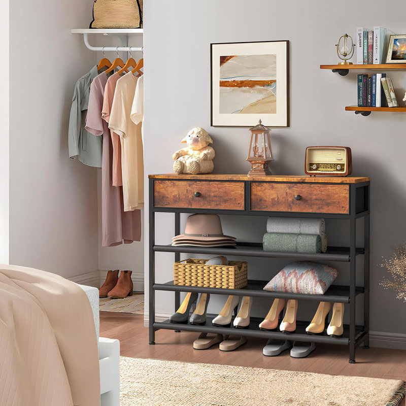 17 Stories Shoe Rack 4 Tier Shoe Storage Organizer With 2 Drawers Metal Shoe Shelf For 12 15 Pairs Of Shoes With 3 Fabric Shelves And Wooden Top Shoe Stand For Closet Entryway Rustic Brown Wayfair
